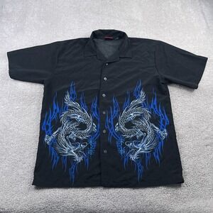 Vintage Street Culture Shirt Men Large Black Dragons Tribal Fire Y2K Camp Collar